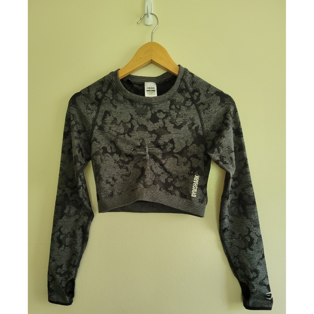 Women's Gymshark Flex Black & Gray Crop Long Sleeve Top Workout Size M READ